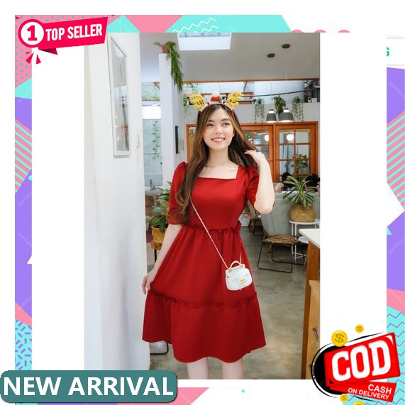 0 Cottonbells Casual Dress Wanita Imlek Cny Spesial Myra Ruffle Plaid Square Tied Midi (Al - D 4049)