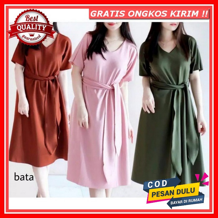 Dress Wanita Korea Style Casual Basic Dress Paulina Selutut Midi Lengan Pendek Premium Import Bangko