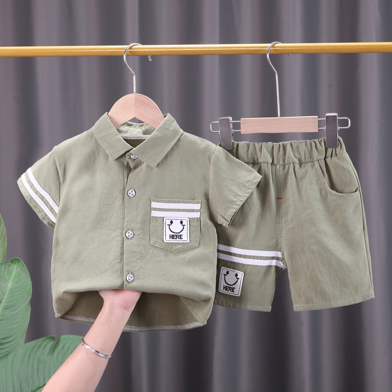 COD setelan kemeja anak laki laki import baju anak laki laki impor kemeja celana pendek motif beruang minimalis fashion import grosir-1