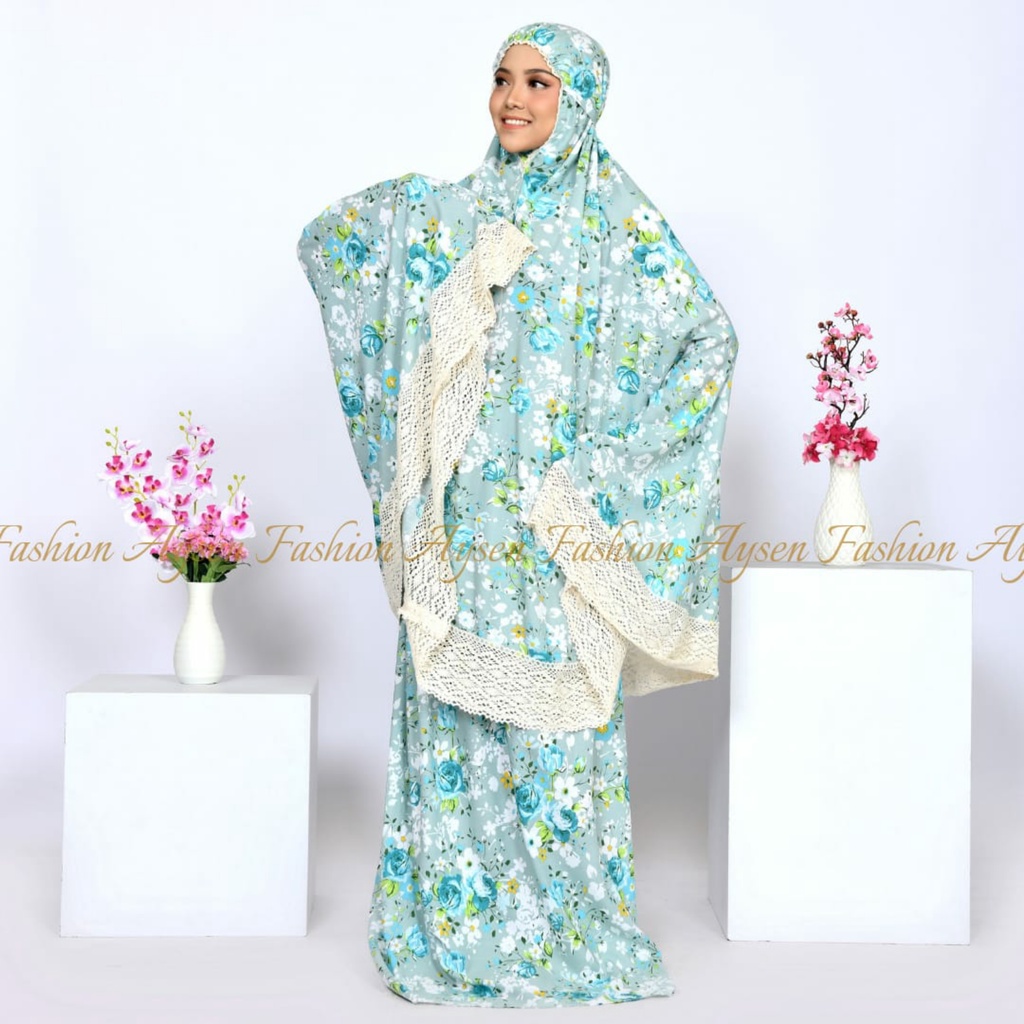 Mukena Dewasa Jumbo Katun Motif Aplikasi Renda Rajut