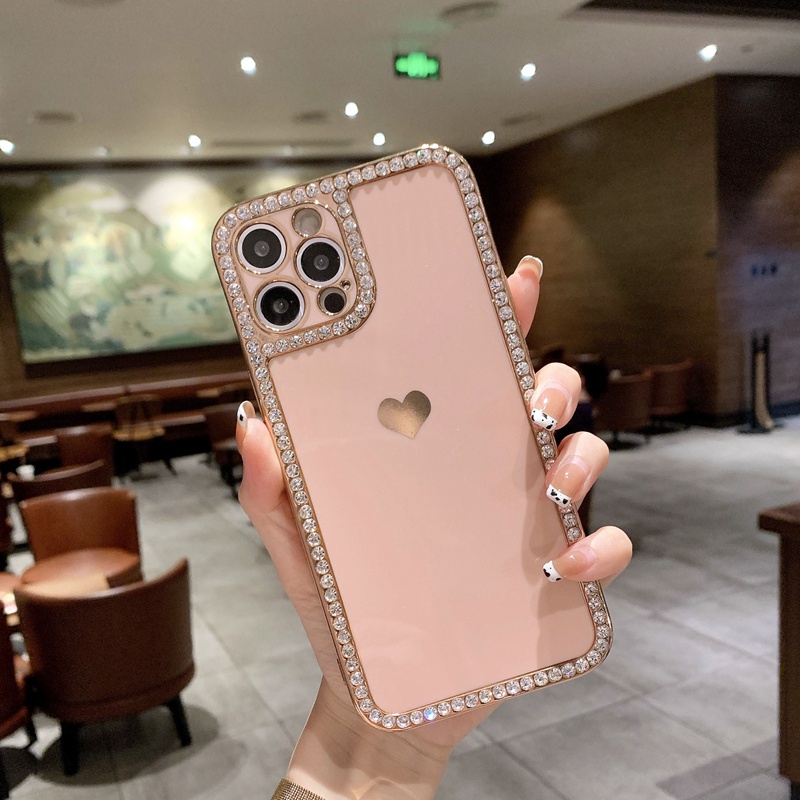 Case Bumper Belakang Desain Hati Bling Berlian Imitasi Untuk Iphone 12 11 13 Pro Max X XR XS Max 7 8 Plus SE 2020