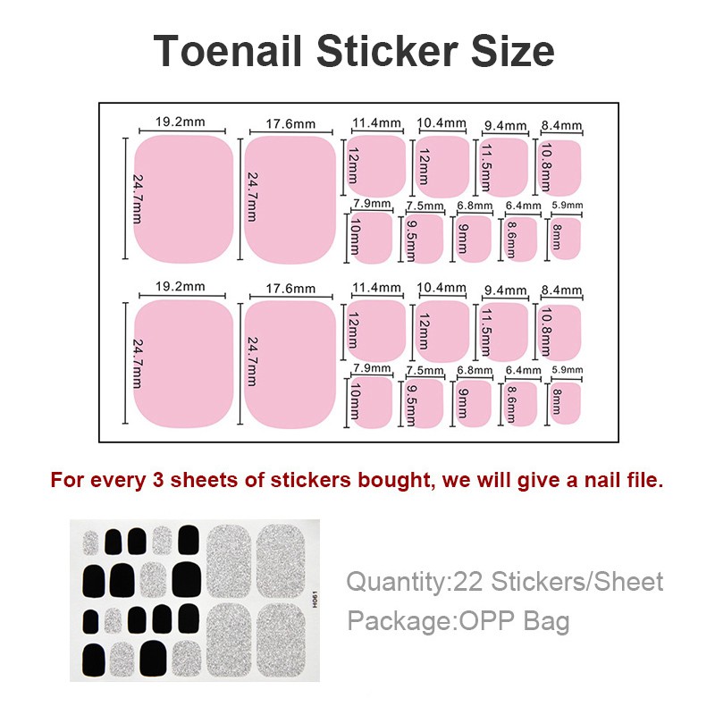 H061-080 22pcs/lembar Stiker Kuku Kaki Palsu 3d Diy