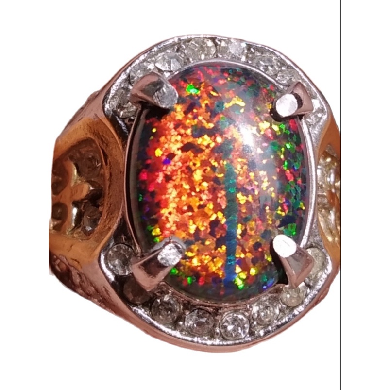 Cincin Batu Akik Permata Pria/Wanita Black Opal Kalimaya Australia full Kembang jarong