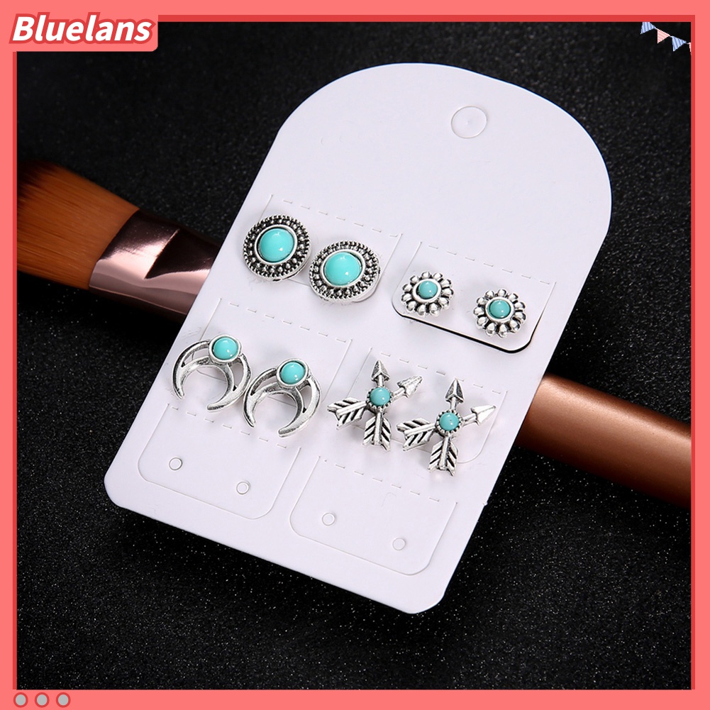 4 Pasang Anting Stud Desain Bunga Panah Turquoise Tiruan Untuk Wanita