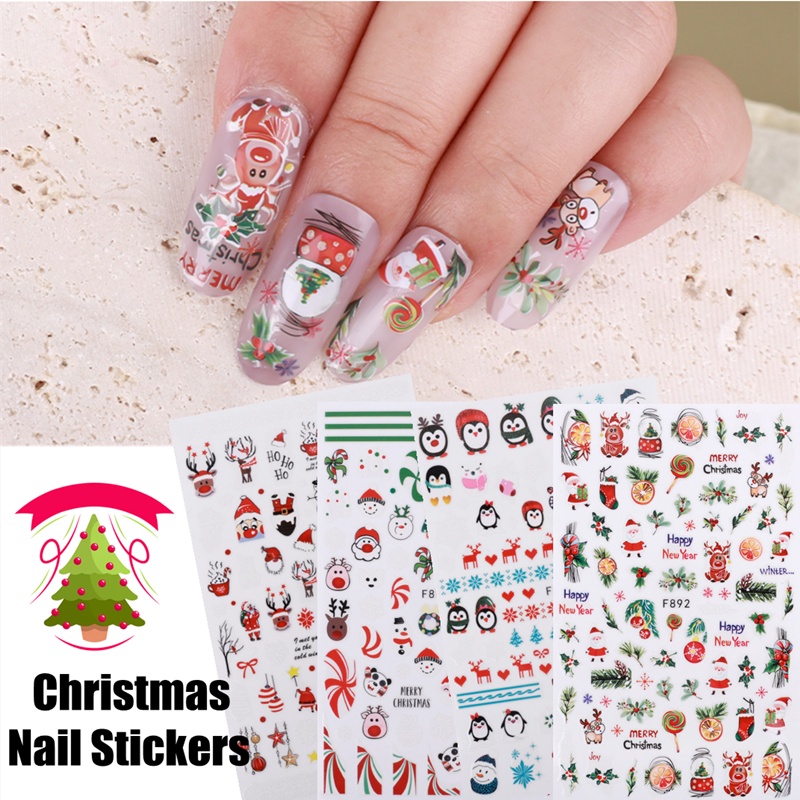 1 Lembar Stiker Kuku 3D Motif Kartun Rusa Santa Claus Penguin Tahan Air Untuk Dekorasi Nail Art