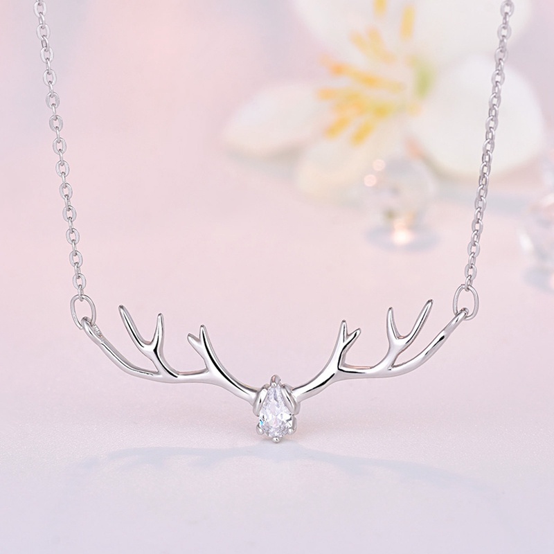 Kalung Rantai Sterling Silver 925 Dengan Liontin Rusa Aksen Batu Zircon Kubik Untuk Wanita