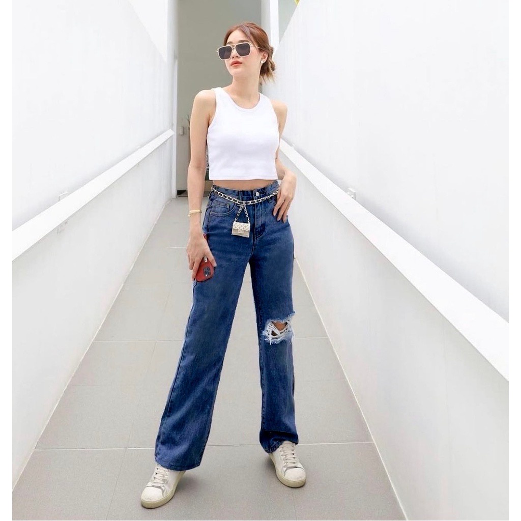 TRIVELA Celana Panjang Kulot Jeans Highwaist Sobek Long Bf Ishika Loose Jeans / Laurent Highwaist Loose Jeans