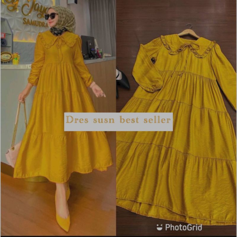 Dress Gamis Dres Polos Midi Susun Rayon Premium Import Kerah Tali Rempel Kualitas Best Seller Motif 2022 Terbaru Sekarang Warna Cerah LD 110 cm-Mustrad