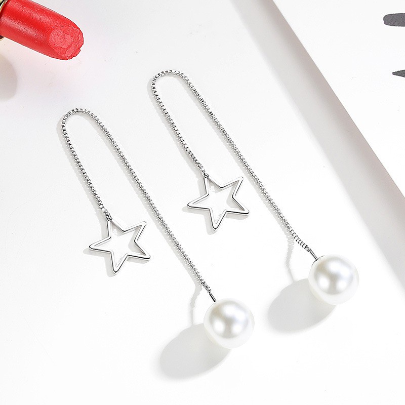 925 Perak Anting-Anting Panjang Wanita Pearl Lima Menunjuk Bintang Beruntung Daun Rumput Rumbai Ornamen