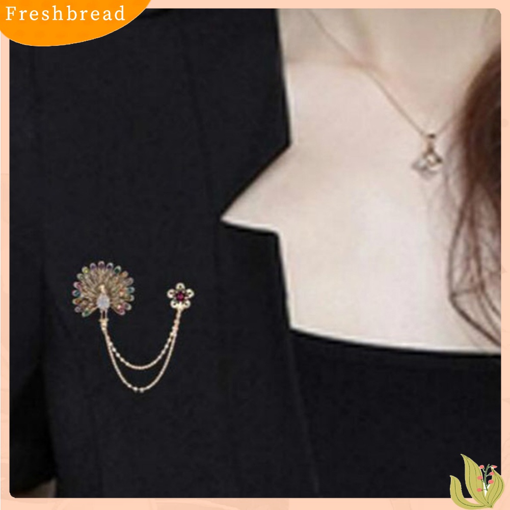 [ TERLARIS]Women Cubic Zirconia Inlaid Peacock Flower Double Chain Tassel Brooch Pin Gift