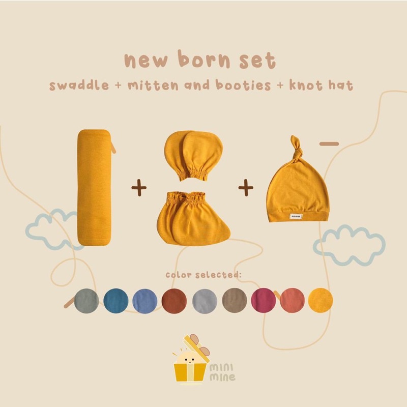 Minimine - New Born Set New Color ( Swaddle + Knot Hat + Mitten and Botties ) berisi bedong, topi, dan sarung tangan dan kaki bayi baru lahir