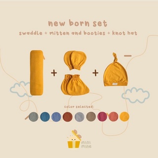 Image of Minimine - New Born Set New Color ( Swaddle + Knot Hat + Mitten and Botties ) berisi bedong, topi, dan sarung tangan dan kaki bayi baru lahir