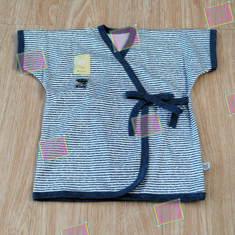 Baju Bayi Kimono Pendek NARY Size 0-3 / 3-6 bulan Warna / Putih Katun Premium Newborn SNI (KPDK)-Salur-DenimNavy