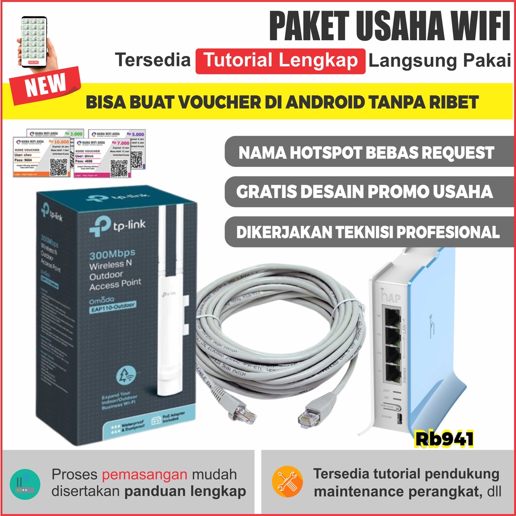 Paket Alat Usaha Wifi Sistem Voucher RT RW NET Siap Pakai - Mikrotik Rb941 + Eap110 Outdoor