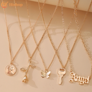 6 pcs / set Kupu-kupu Bunga Kalung Rantai Kunci Emas