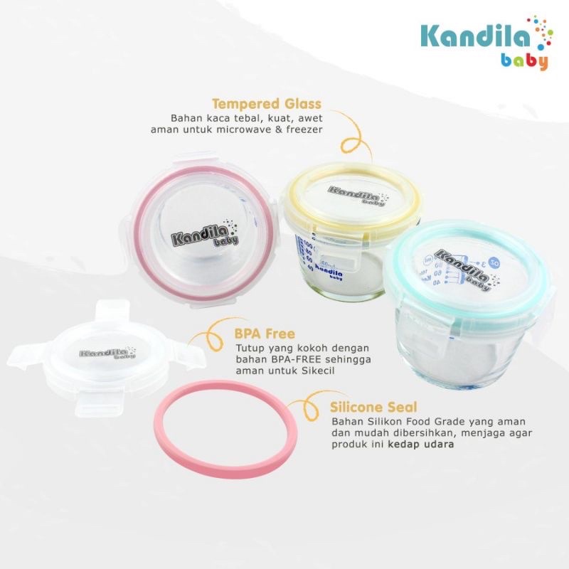 Kandila Bebewawa Glass Food Container 180ml 200ml KDL027-2 KDL027-3  KDL027-4 Box Wadah Simpan MPASI Bayi bahan Kaca + Penggaris Ukur Ml Takaran