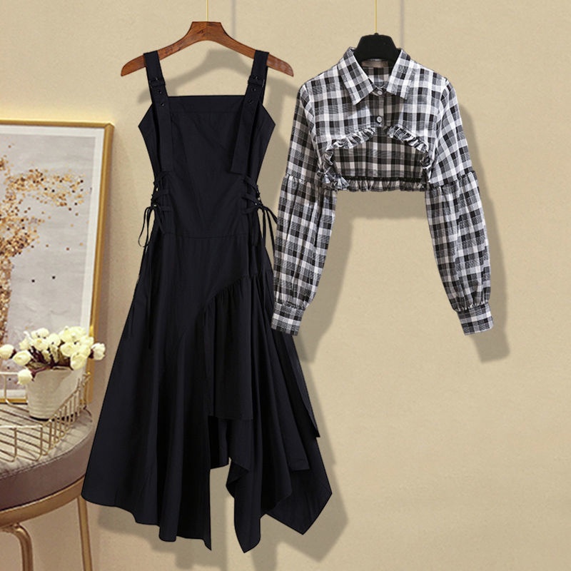 Irregular new year black suspender dress 2021 autumn new women's dress shirt skirt set two piece set