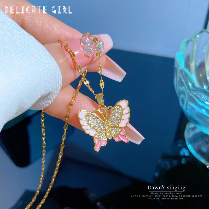 Barbie Kalung Rantai Emas 18K Liontin Kupu-Kupu Hias Cubic Zirconia Untuk Wanita