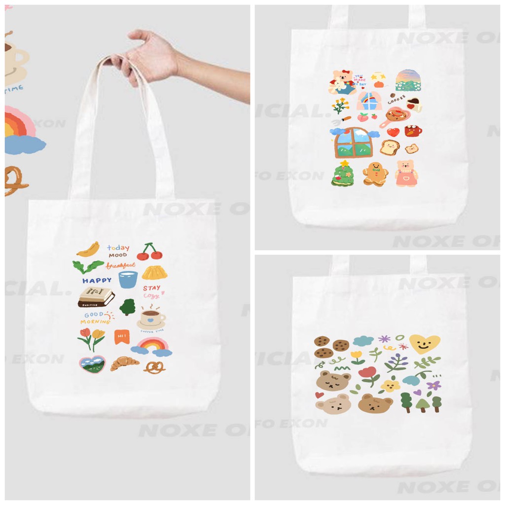 TOTE BAG KANVAS UNISEX GAMBAR LUCU WARNA - WARNI