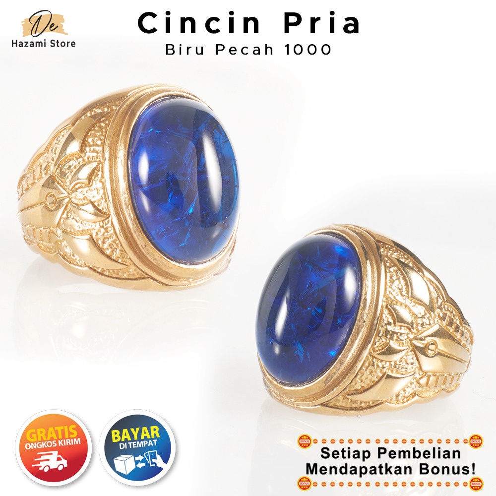 BISA COD Cincin Pria Titanium Biru Pecah 1000 Emas Batu Keren Mewah Akik