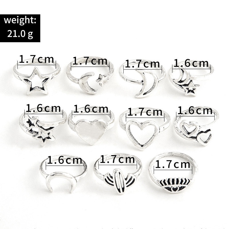 11pcs / Set Cincin Desain Hati Bulan Bintang Kaktus Mata Model Rongga Untuk Aksesoris Perhiasan Wanita