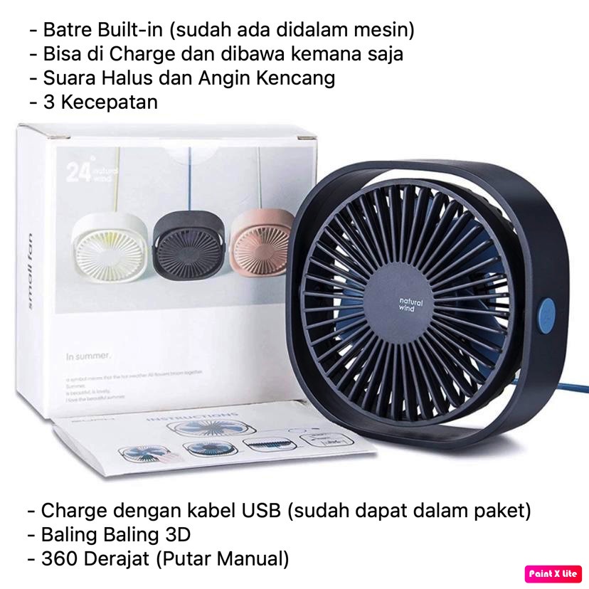 Kipas Angin Kecil Meja Portable Charge Tenaga Batre Battery Kotak 360