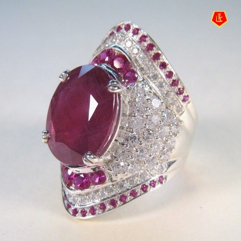 [Ready Stock]Inlaid Ruby 925 Silver Ring European and American Exaggerated