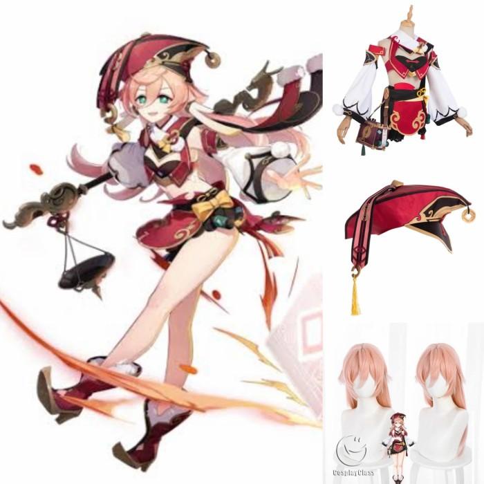 Kostum Yanfei Wig Costume Shoes Bag Genshin Impact
