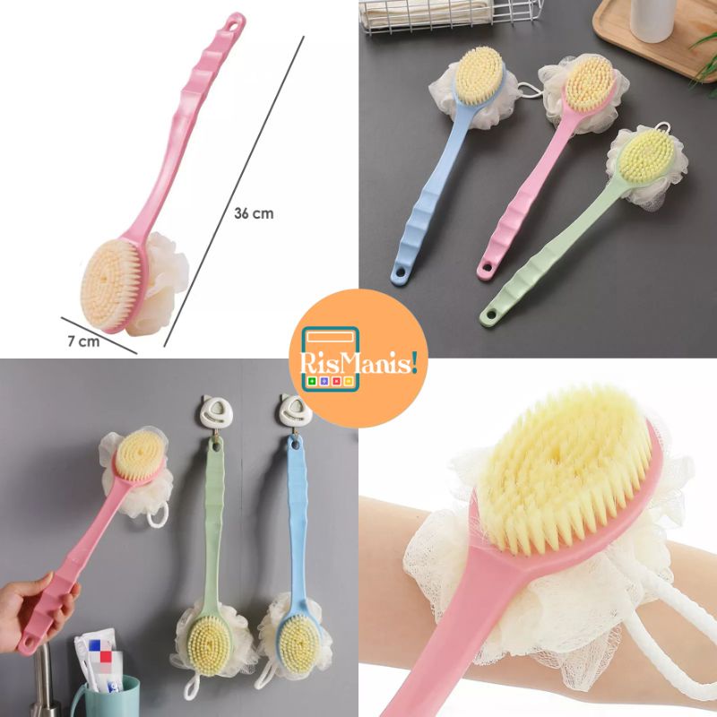 2 IN 1 LONG HANDLE SHOWER BRUSH - Sikat Mandi Gosok Punggung Kulit Mati Gagang Panjang Shower Puff