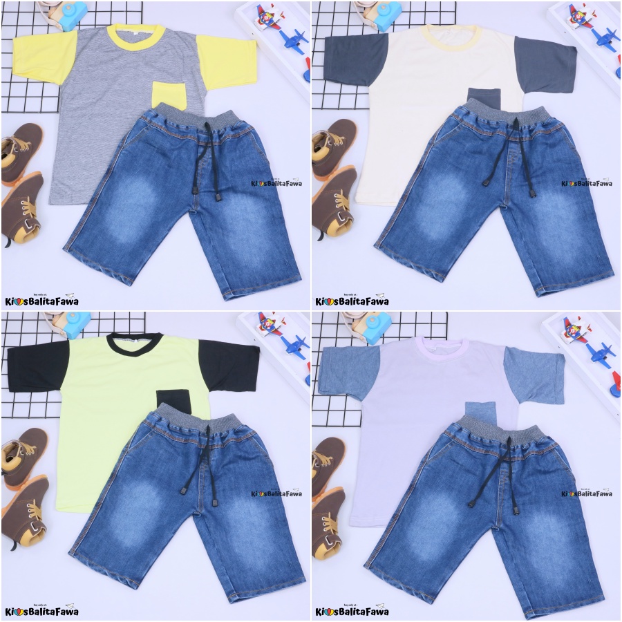 Setelan John Ethes uk 5-6 Tahun /  Set Lengan Pendek Anak Laki-Laki Celana Jeans Kantong Baju Oblong