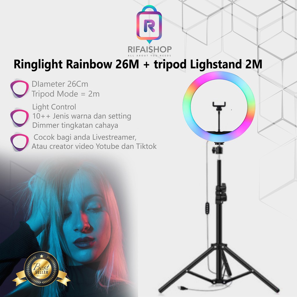 Ring Light RGB Rainbow MIXIO 26CM + TRIPOD 11M 16M 2M Tiktok Youtuber