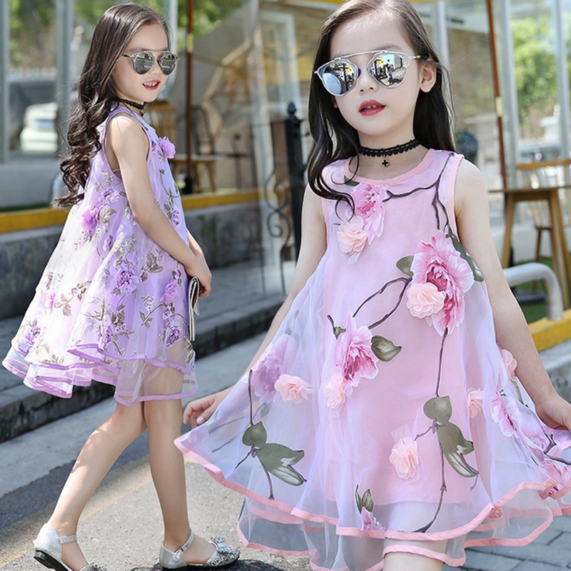 Dress Selutut Anak Perempuan Korea Model Princess Tanpa Lengan Motif Bunga untuk Musim Panas