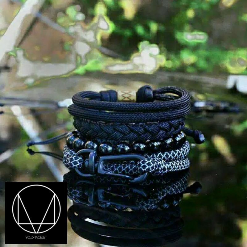 Gelang Pria Tali Prusik Paracord Kaitan Kew Kew Hitam Motif Abu / Gelang Keren / Gelang Couple