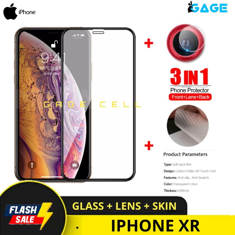 PROMO 3IN1 TEMPERED GLASS LAYAR KAMERA SKIN CARBON IPHONE XR TG ANTI GORES APPLE XR FULL SCREEN