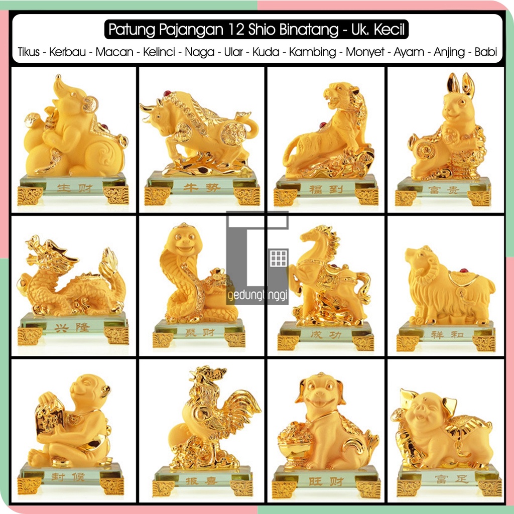 Patung Pajangan Imlek 12 Animal Zodiac Binatang Hewan Rat Ox Tiger Rabbit Dragon Snake Horse Sheep Monkey Rooster Dog Pig Shio Sio Tikus Kerbau Harimau Macan Kelinci Naga Ular Kuda Kambing Monyet Ayam Anjing Babi Rejeki Hoki Emas Ukuran Kecil Small Size