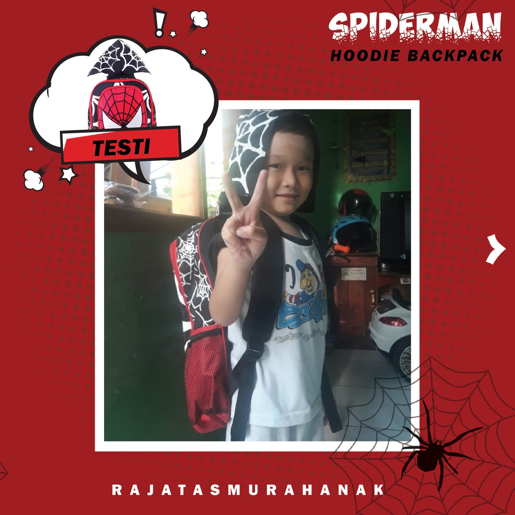 Tas Ransel Anak Laki Laki Karakter - Spiderman Hoodie.RTM / Bonus Tutup Kepala + FREE Botol Minum