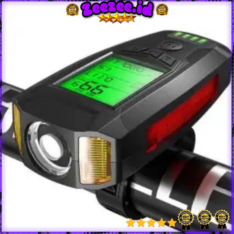 Lampu Sepeda + Klakson + Speedometer 4 in 1Rechargeable 1200mAh - AS0808 - Black