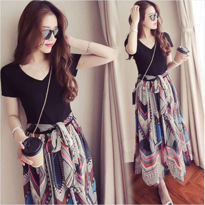 Dress Model Two Piece Palsu Motif Print Bahan Sifon Gaya Korea untuk Wanita