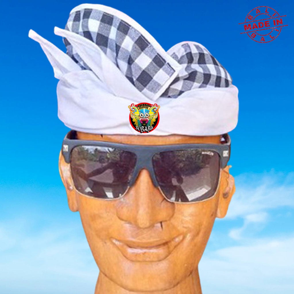 Udeng Bali Putih Polos Tepi Kotak Kotak Setengah Jadi - Ikat Kepala Khas Bali Asli - Blangkon Bali K