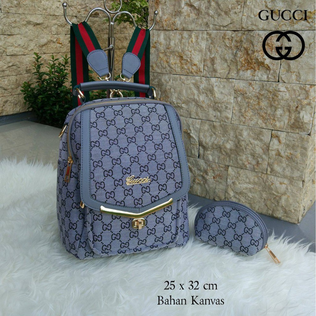 New  Tas Ransel Wanita Branded Gucci Kait Dompet Resleting Warna Grey Abu