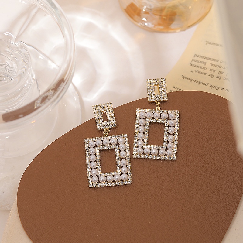 S925 murah hati anting-anting penuh Diamond Pearl rectangular berongga anting-anting-anting-anting y