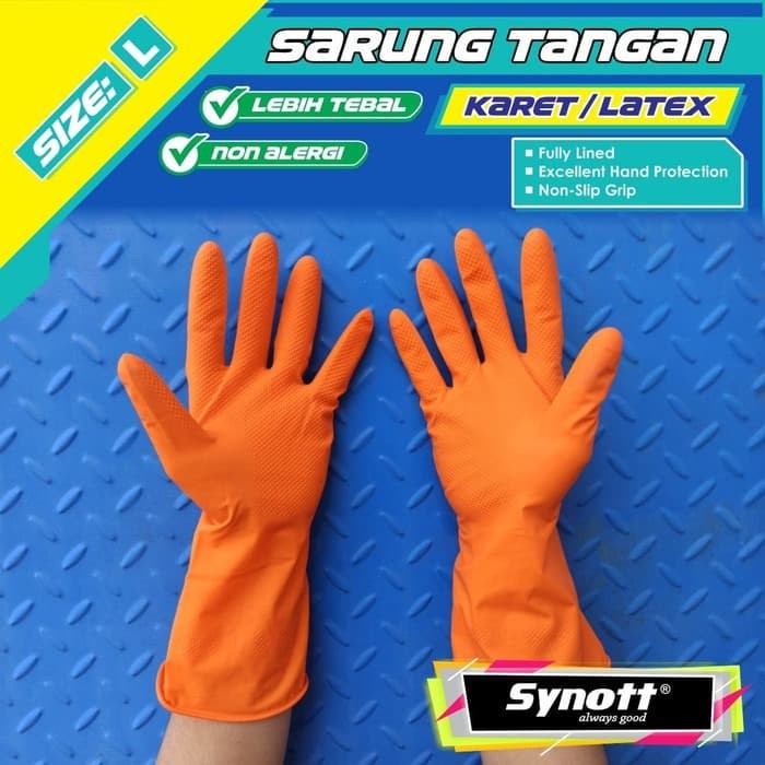 Sarung Tangan Karet Cuci Piring Latex Dotted Synott size L - Sarung Tagan Latex