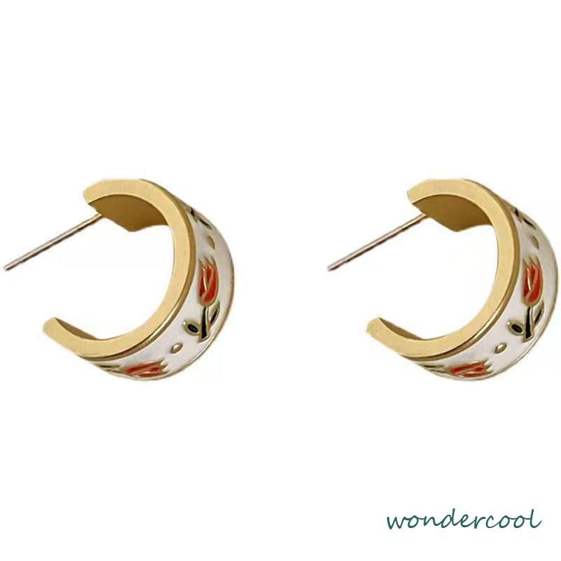 Retro Musim Semi Tulip Lingkaran C Cincin Gaya Hong Kong s925 Sterling Silver Stud Earrings-Won