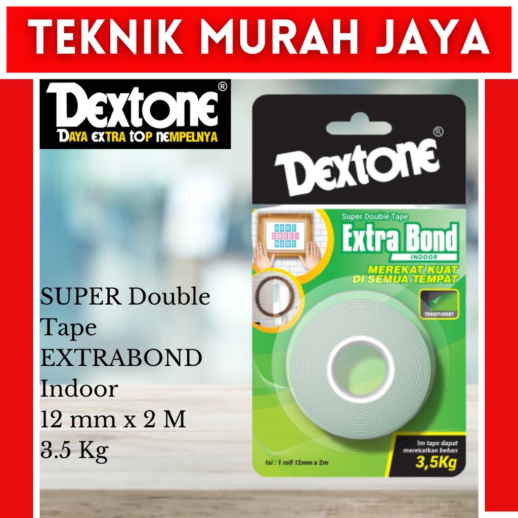 

Double Tape Indoor DEXTONE 12 MM Hijau Extra Bond Transparan Clear