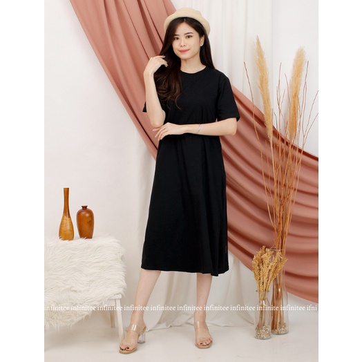 Dress Wanita Midi Polos Bahan Katun Slit Dress Korea Dress Kasual