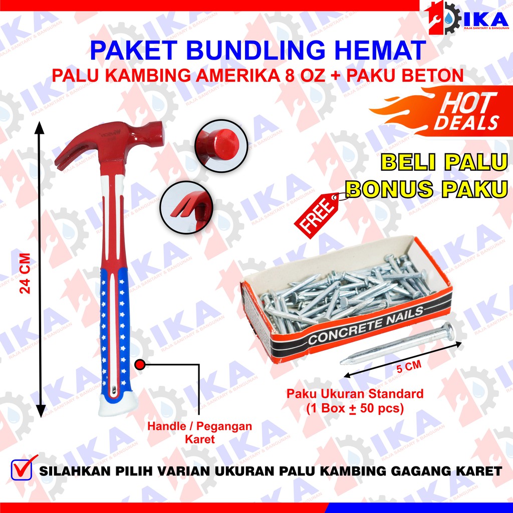 Palu Kambing bonus paku / Palu Martil Kambing 8, 12, 16 oz Gg Fiber Bonus Paku 1 Box (-/+50 pcs)