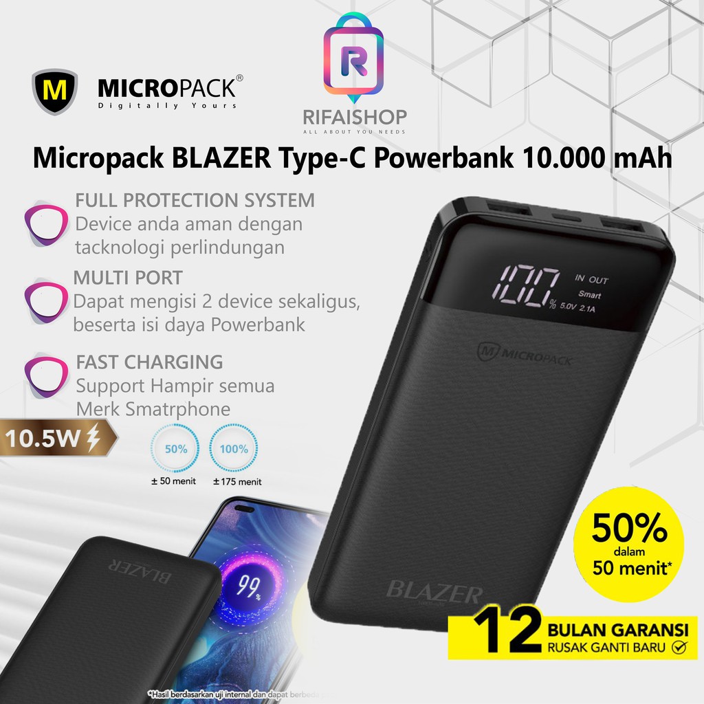 Powerbank 10.000 mAh Micropack BLAZER Type-C  Powerbank Murah Real kapasiti