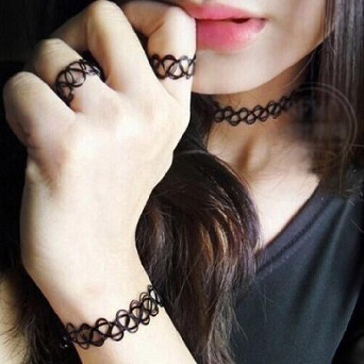 Set Kalung Choker+Gelang+Cincin Vintage Elastis Desain Tattoo