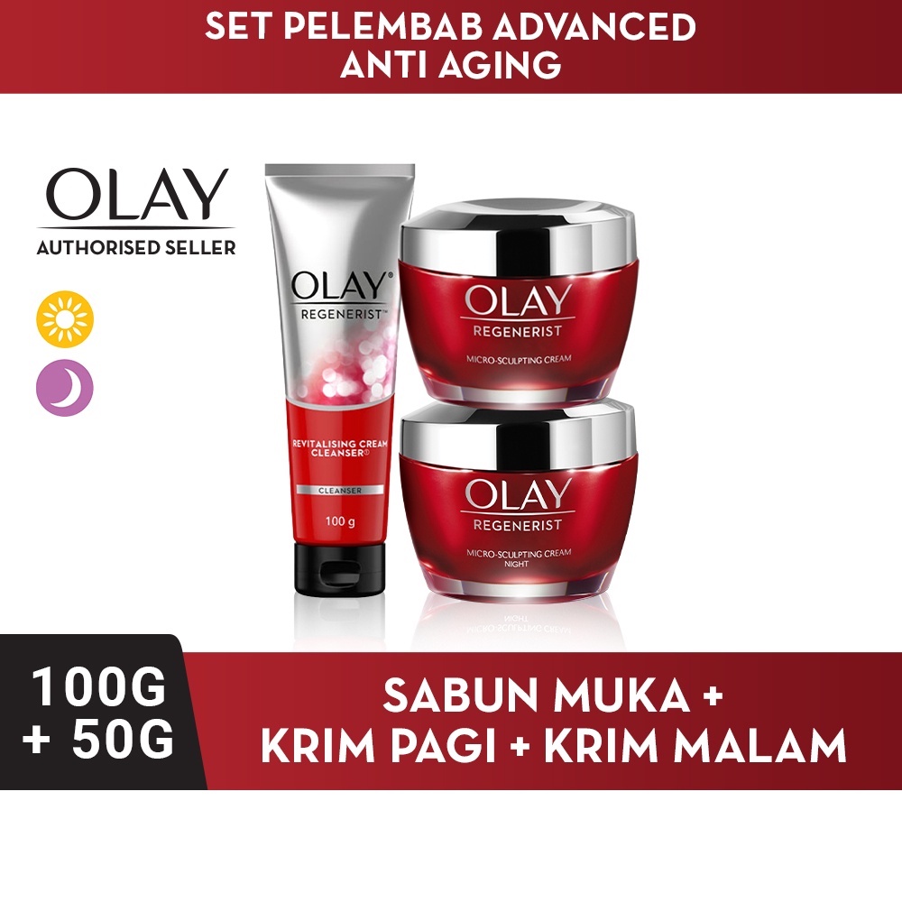 Olay Krim Pagi 50gr + Krim Malam 50gr +Sabun Muka 100gr - Olay Set Pelembab Advance Anti Aging