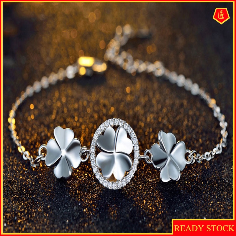 [Ready Stock]Fashion Sweet Diamond Four-Leaf Clover Silver Bracelet